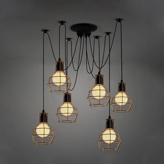 Industrial Spider Pendant Light - 6 Bulbs Black/Gold Iron Wire Guard Dining Room Ceiling Lamp