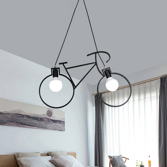 Industrial Style Metal Bicycle Pendant Light Fixture - 2 Bulbs, Black/White, Indoor Hanging Lamp with Wire Frame