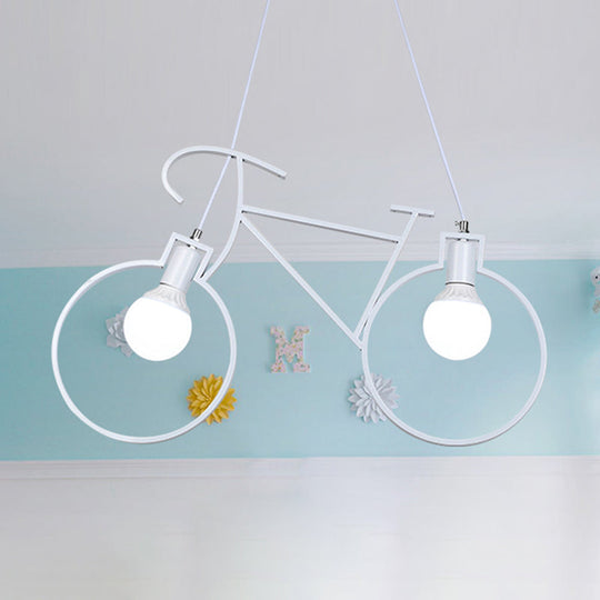 Industrial Style Metal Bicycle Pendant Light Fixture - 2 Bulbs, Black/White, Indoor Hanging Lamp with Wire Frame