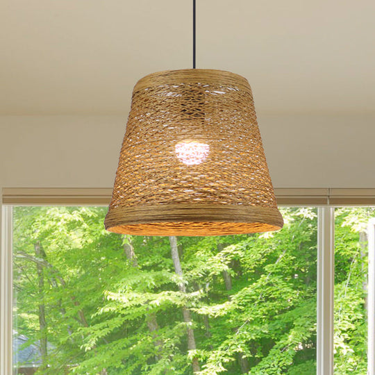 Country Style Rattan Fiber Pendant Lamp - Conic Hanging Lighting For Dining Table