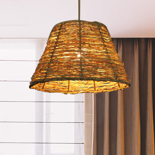 Asian Style Conic Rattan Pendant Light With 1 Bulb - Beige/Brown Restaurant Ceiling Lighting