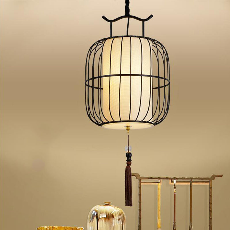 Chinese Style Indoor Pendant Lamp - Cylinder Bamboo Shade Black/Gold Hanging Fixture Black