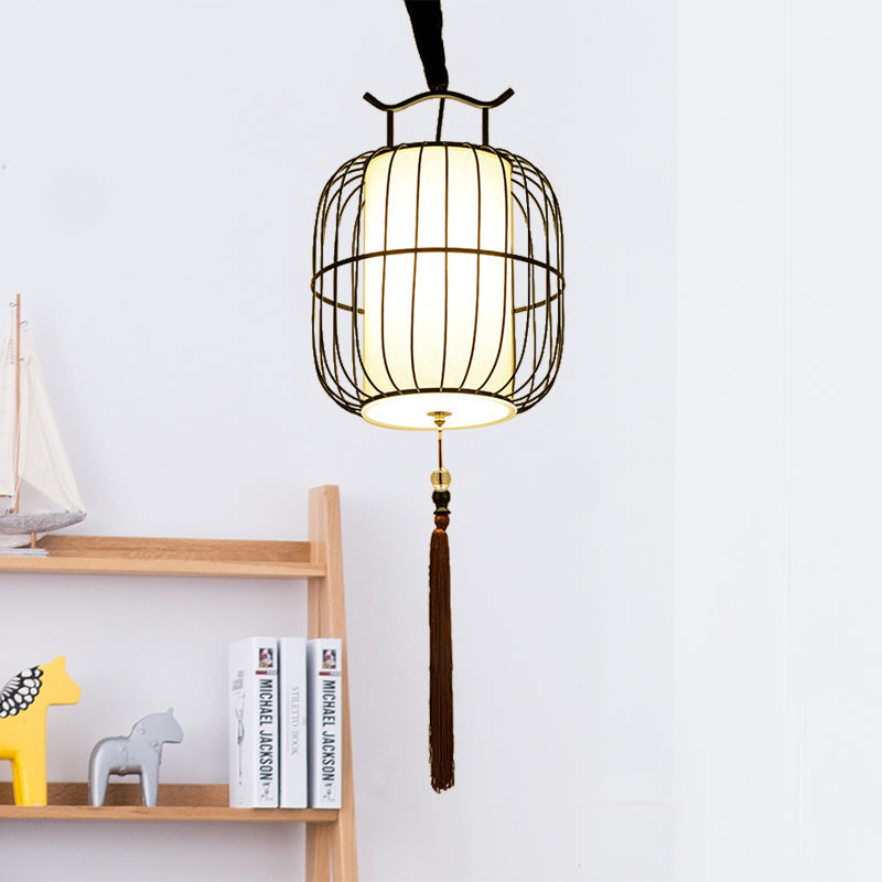 Chinese Style Indoor Pendant Lamp with Bamboo Cylinder Shade - Black/Gold Hanging Fixture