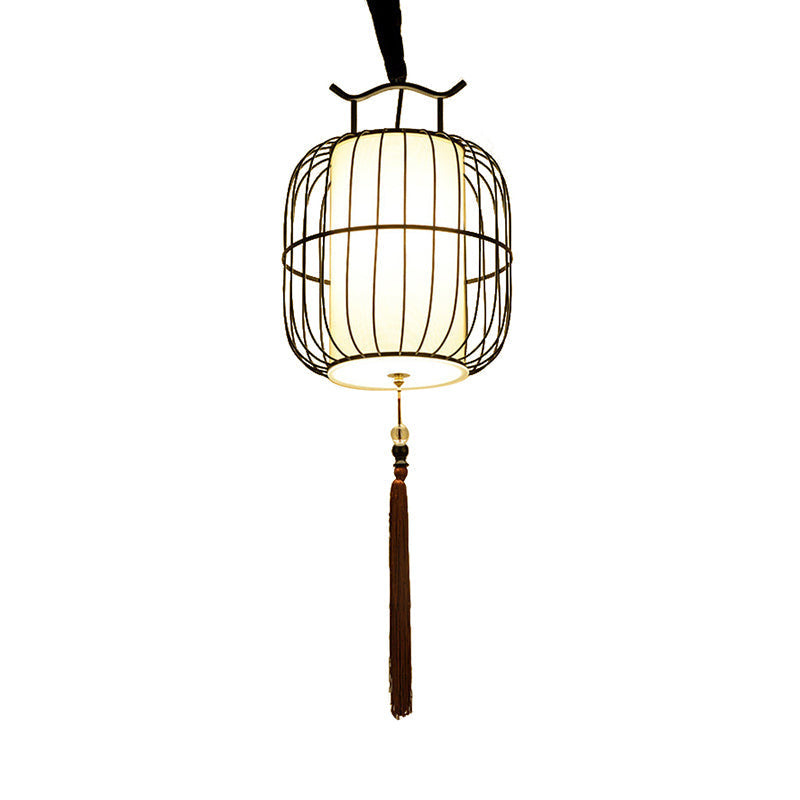 Chinese Style Indoor Pendant Lamp with Bamboo Cylinder Shade - Black/Gold Hanging Fixture