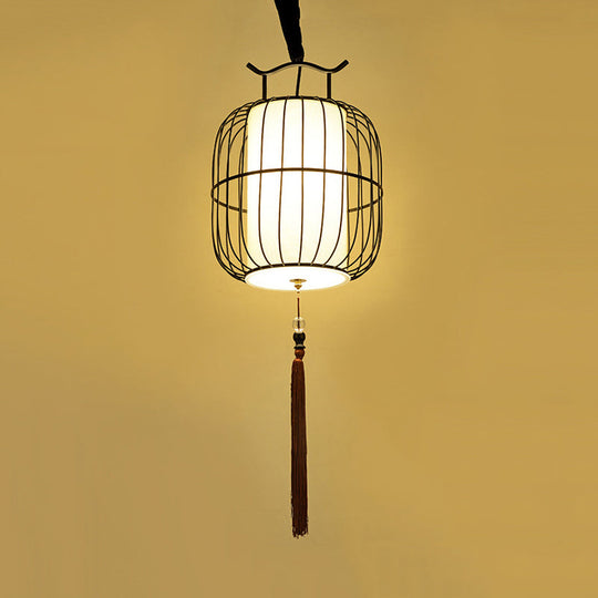 Chinese Style Indoor Pendant Lamp with Bamboo Cylinder Shade - Black/Gold Hanging Fixture