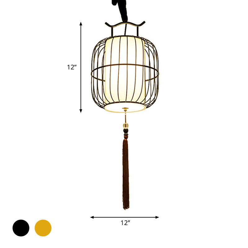 Chinese Style Indoor Pendant Lamp with Bamboo Cylinder Shade - Black/Gold Hanging Fixture