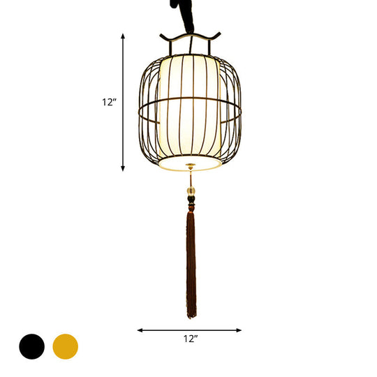 Chinese Style Indoor Pendant Lamp with Bamboo Cylinder Shade - Black/Gold Hanging Fixture