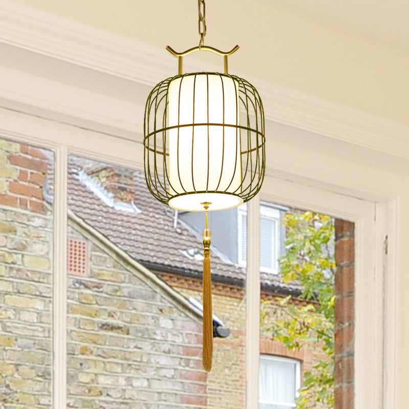 Chinese Style Indoor Pendant Lamp with Bamboo Cylinder Shade - Black/Gold Hanging Fixture