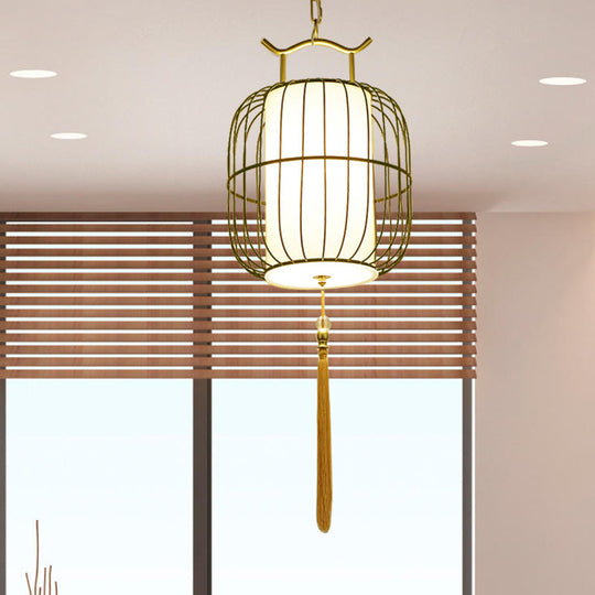 Chinese Style Indoor Pendant Lamp with Bamboo Cylinder Shade - Black/Gold Hanging Fixture