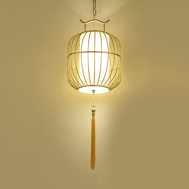 Chinese Style Indoor Pendant Lamp with Bamboo Cylinder Shade - Black/Gold Hanging Fixture