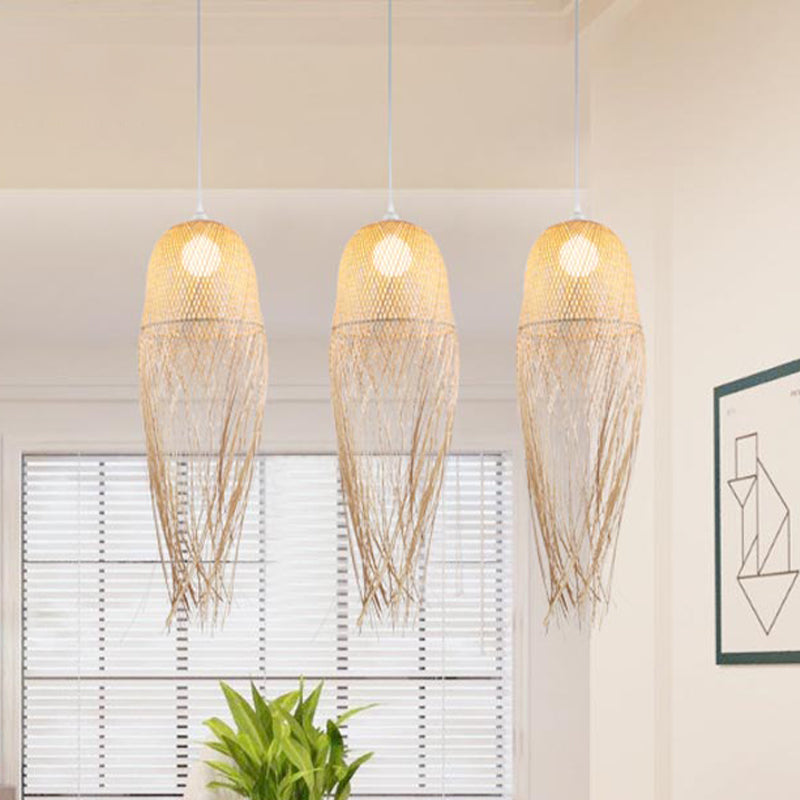 Modern Hand-Knitted Pendant Light With Tassel Design - Bamboo Beige Ideal For Dining Room