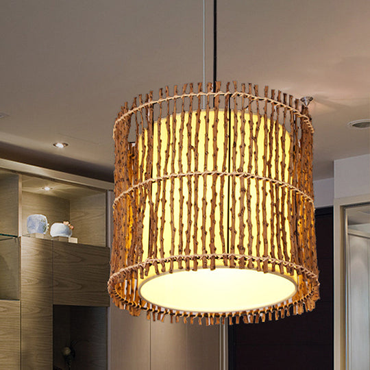 Hand-Woven Rattan Cylinder Drop Pendant - Chinese 1 Light Beige Ceiling For Restaurants & Bedrooms