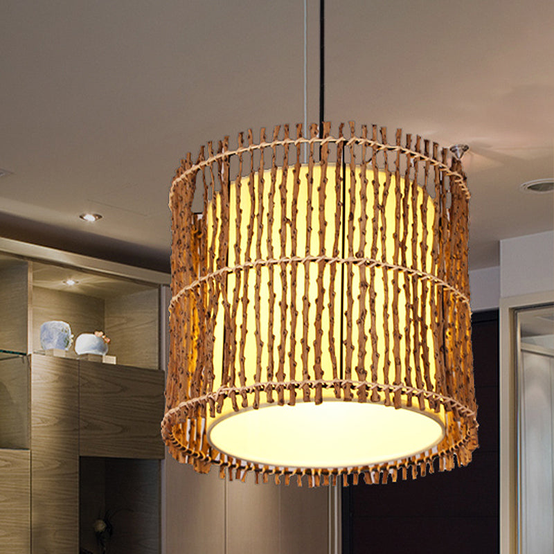 Hand-Woven Rattan Cylinder Drop Pendant - Chinese 1 Light Beige Ceiling For Restaurants & Bedrooms