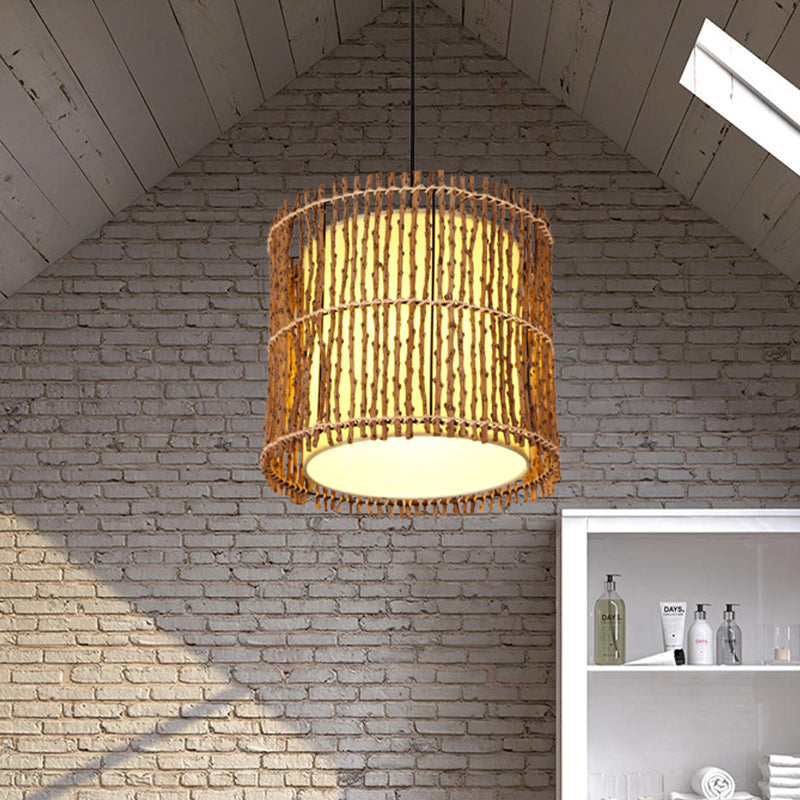 Hand-Woven Rattan Cylinder Drop Pendant - Chinese 1 Light Beige Ceiling For Restaurants & Bedrooms