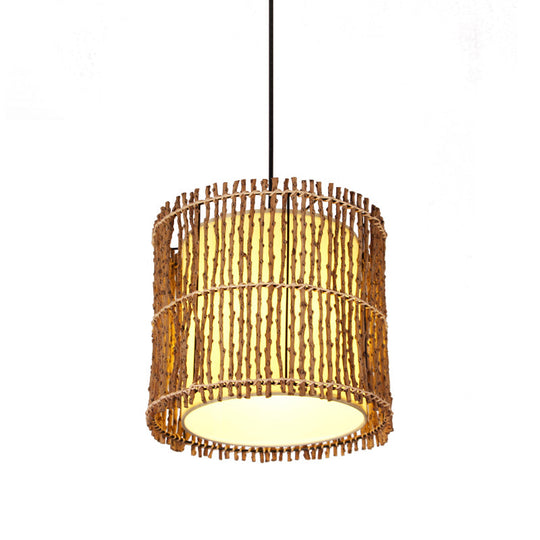 Hand-Woven Rattan Cylinder Drop Pendant - Chinese 1 Light Beige Ceiling For Restaurants & Bedrooms