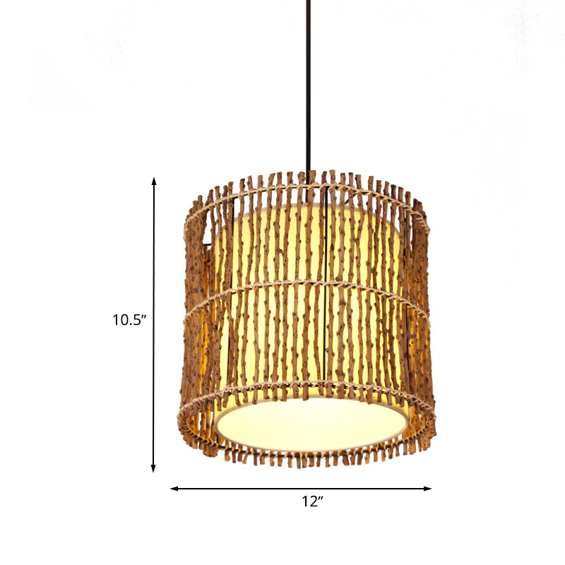 Hand-Woven Rattan Cylinder Drop Pendant - Chinese 1 Light Beige Ceiling For Restaurants & Bedrooms