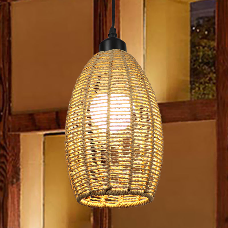 Asian Style 1/3-Light Pendant Light With Oval Rattan Shade Beige Ceiling Lamp