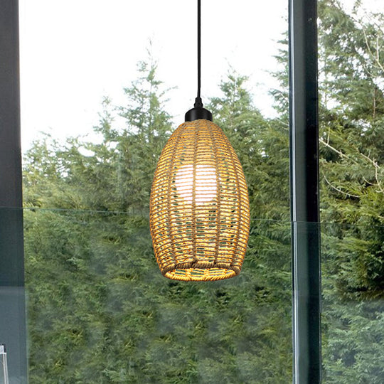 Asian Style 1/3-Light Pendant Light With Oval Rattan Shade Beige Ceiling Lamp