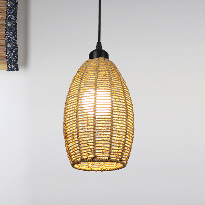 Asian Style 1/3-Light Pendant Light With Oval Rattan Shade Beige Ceiling Lamp