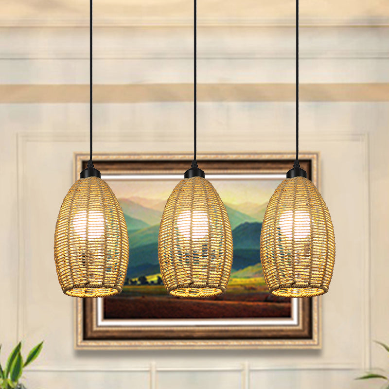 Asian Style 1/3-Light Pendant Light With Oval Rattan Shade Beige Ceiling Lamp