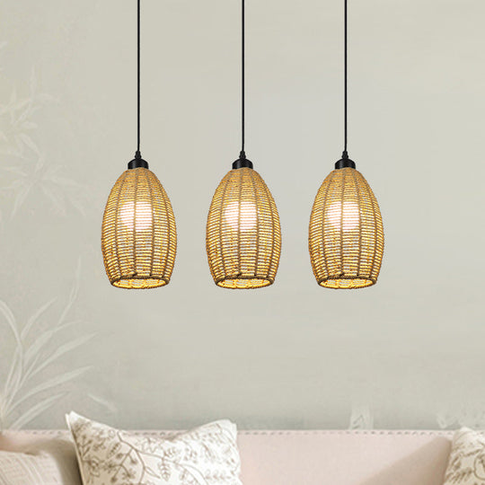 Asian Style 1/3-Light Pendant Light With Oval Rattan Shade Beige Ceiling Lamp