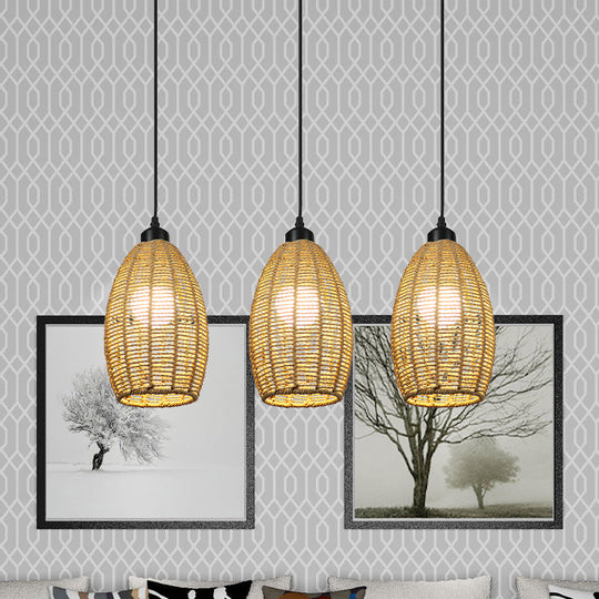 Asian Style 1/3-Light Pendant Light With Oval Rattan Shade Beige Ceiling Lamp