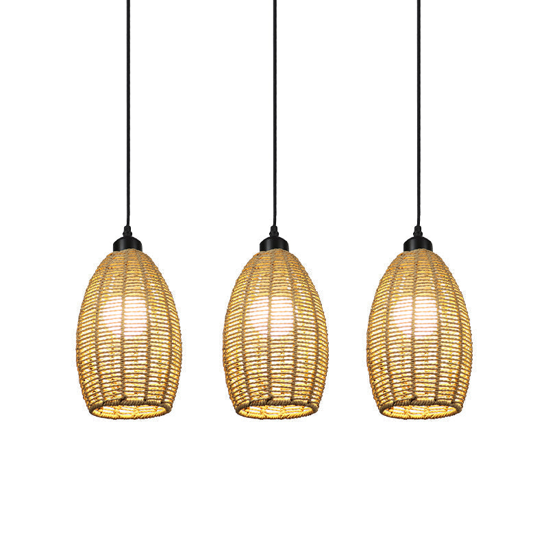 Asian Style 1/3-Light Pendant Light With Oval Rattan Shade Beige Ceiling Lamp