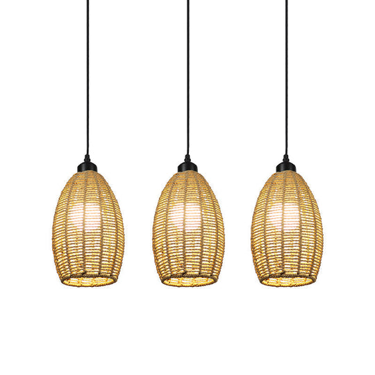 Asian Style 1/3-Light Pendant Light With Oval Rattan Shade Beige Ceiling Lamp