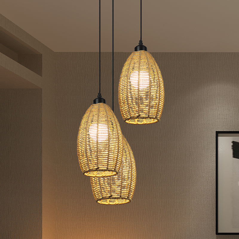 Asian Style 1/3-Light Pendant Light With Oval Rattan Shade Beige Ceiling Lamp