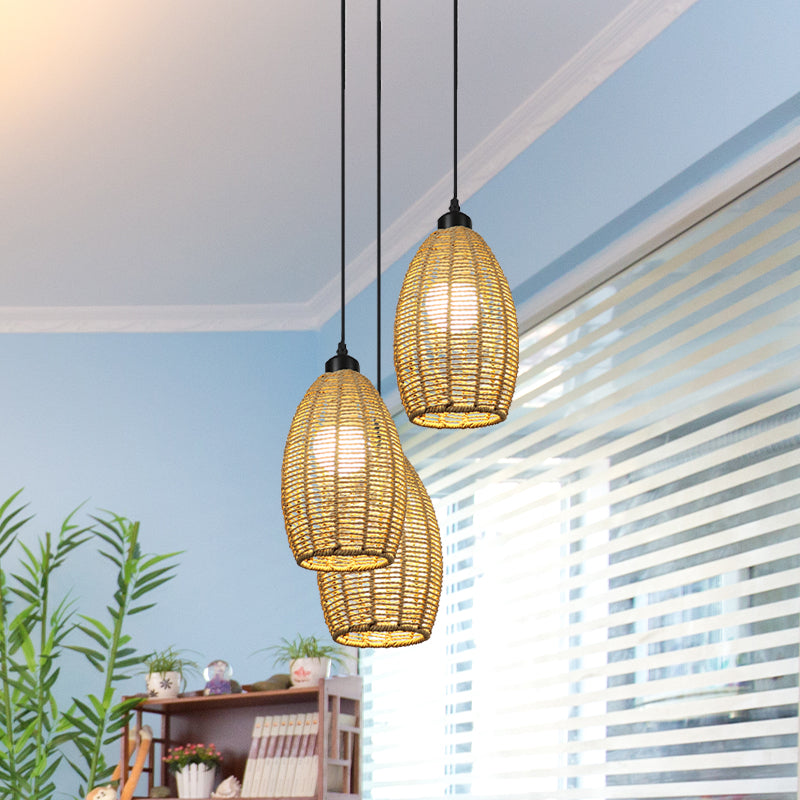 Asian Style 1/3-Light Pendant Light With Oval Rattan Shade Beige Ceiling Lamp