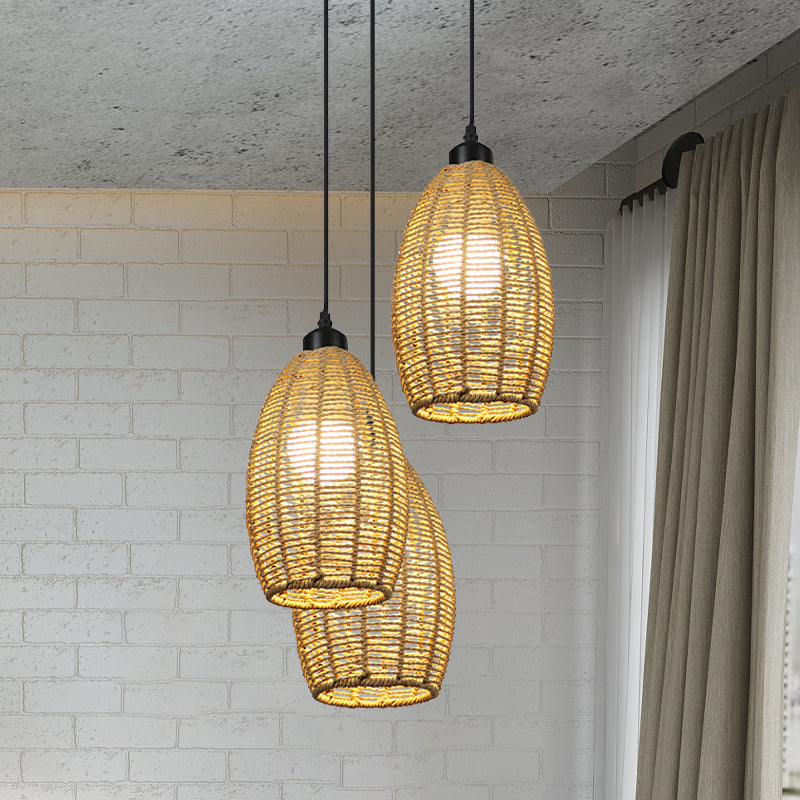 Asian Style 1/3-Light Pendant Light With Oval Rattan Shade Beige Ceiling Lamp