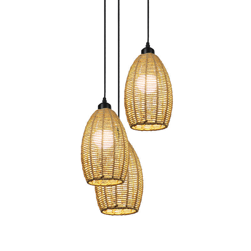 Asian Style 1/3-Light Pendant Light With Oval Rattan Shade Beige Ceiling Lamp