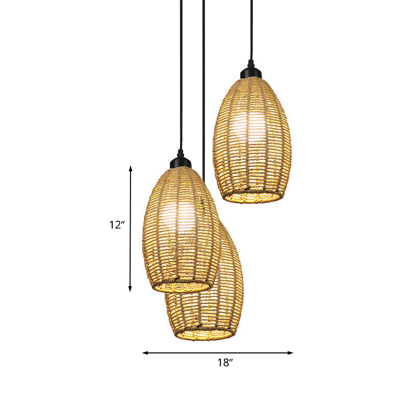 Asian Style 1/3-Light Pendant Light With Oval Rattan Shade Beige Ceiling Lamp