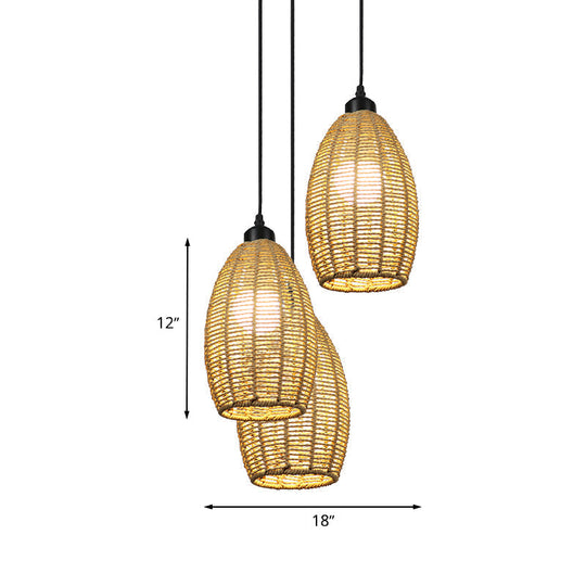 Asian Style 1/3-Light Pendant Light With Oval Rattan Shade Beige Ceiling Lamp