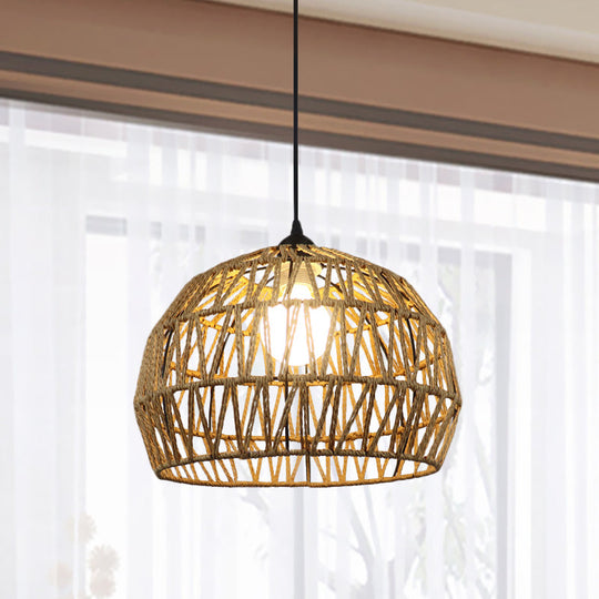 Corridor Hanging Light Fixture With Rattan Shade - Chic Black/Beige Suspended Lamp