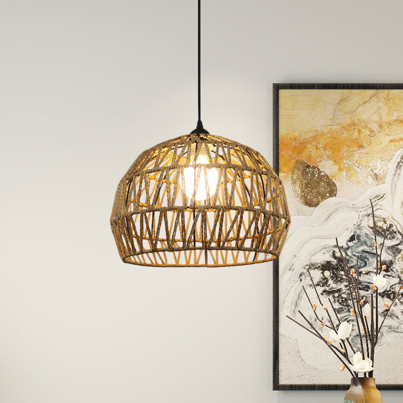 Corridor Hanging Light Fixture With Rattan Shade - Chic Black/Beige Suspended Lamp