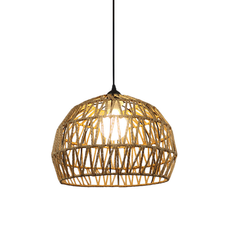 Corridor Hanging Light Fixture With Rattan Shade - Chic Black/Beige Suspended Lamp