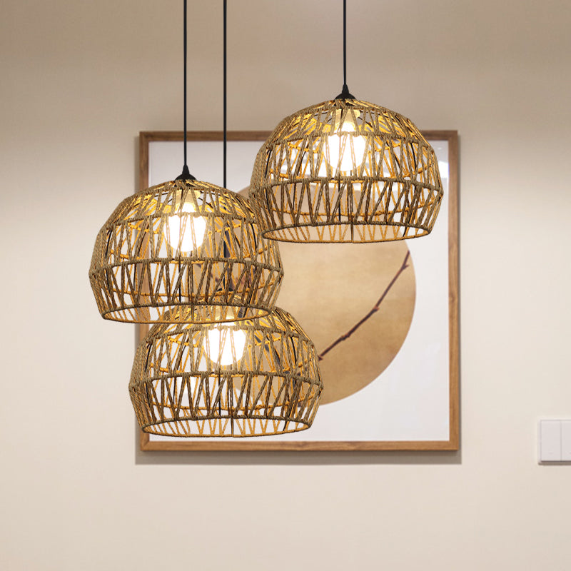 Corridor Hanging Light Fixture With Rattan Shade - Chic Black/Beige Suspended Lamp