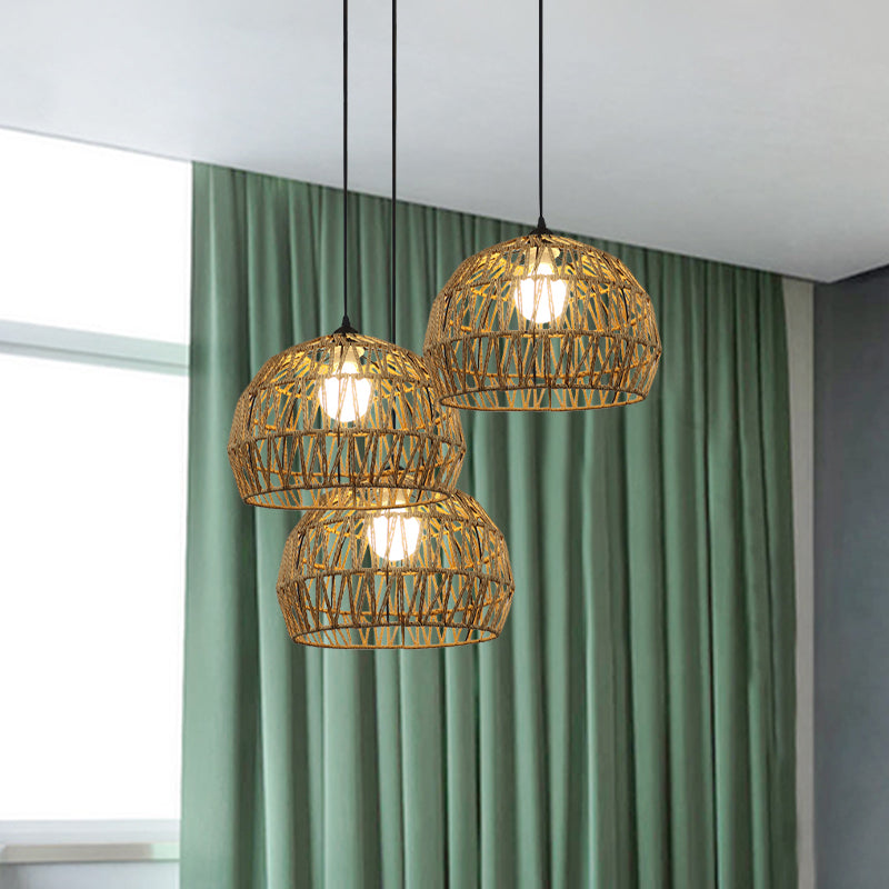 Corridor Hanging Light Fixture With Rattan Shade - Chic Black/Beige Suspended Lamp