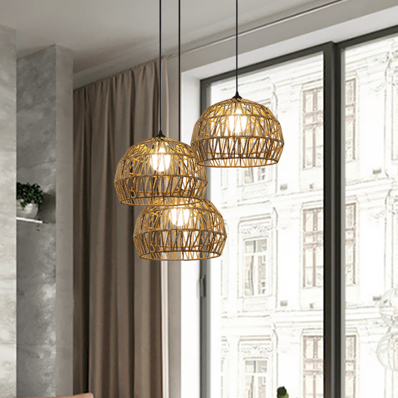 Corridor Hanging Light Fixture With Rattan Shade - Chic Black/Beige Suspended Lamp