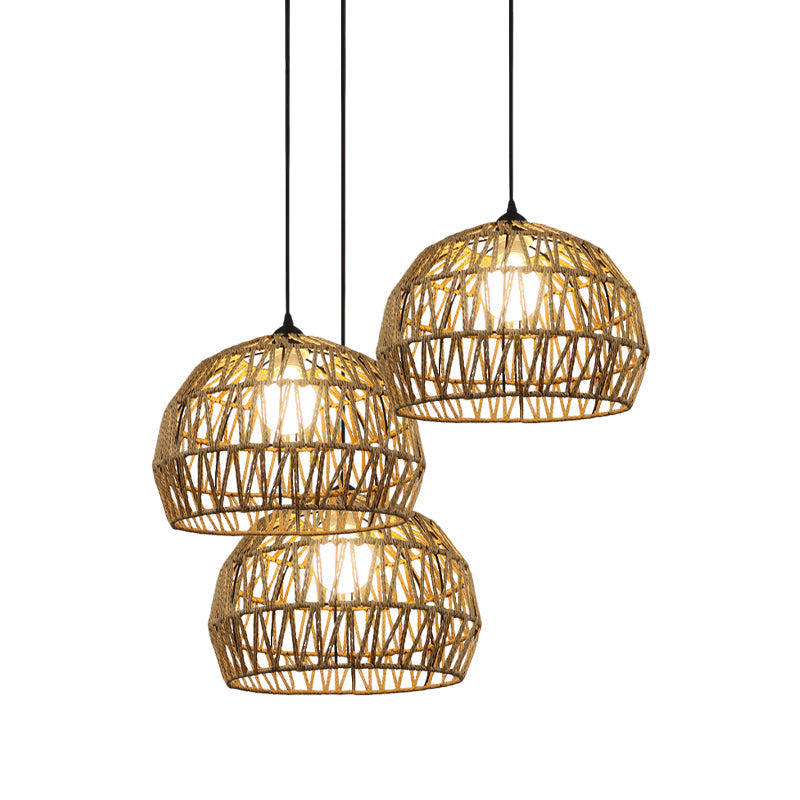 Corridor Hanging Light Fixture With Rattan Shade - Chic Black/Beige Suspended Lamp