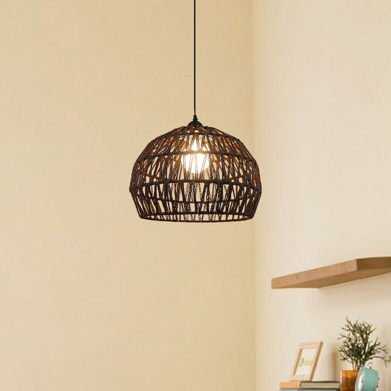 Corridor Hanging Light Fixture With Rattan Shade - Chic Black/Beige Suspended Lamp