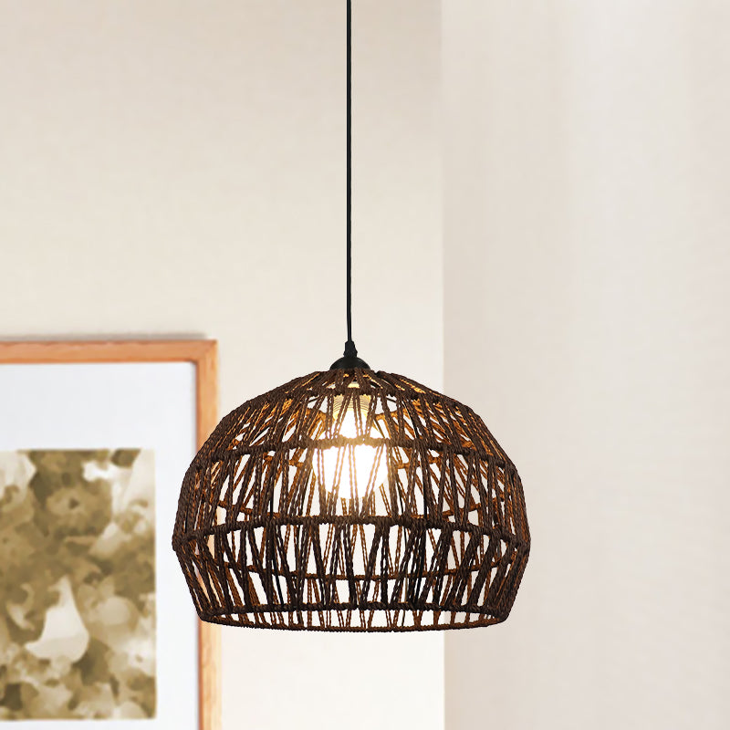 Corridor Hanging Light Fixture With Rattan Shade - Chic Black/Beige Suspended Lamp