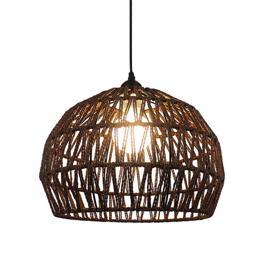 Corridor Hanging Light Fixture With Rattan Shade - Chic Black/Beige Suspended Lamp