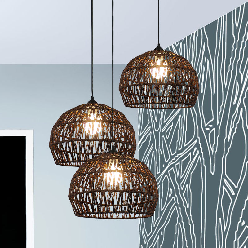 Corridor Hanging Light Fixture With Rattan Shade - Chic Black/Beige Suspended Lamp