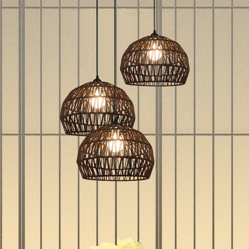 Corridor Hanging Light Fixture With Rattan Shade - Chic Black/Beige Suspended Lamp