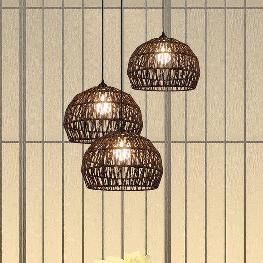 Corridor Hanging Light Fixture With Rattan Shade - Chic Black/Beige Suspended Lamp