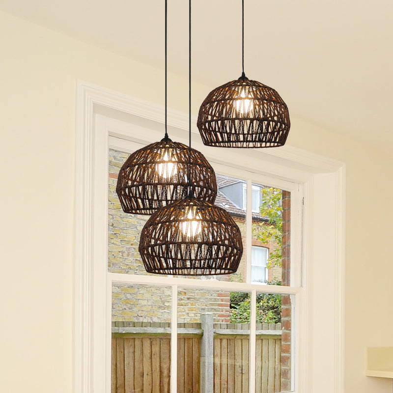 Corridor Hanging Light Fixture With Rattan Shade - Chic Black/Beige Suspended Lamp