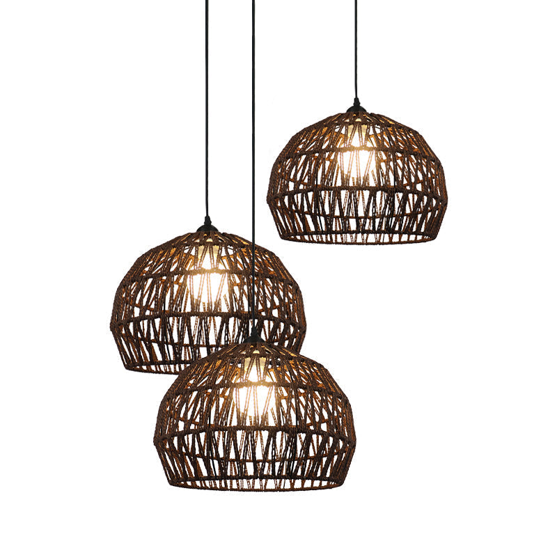 Corridor Hanging Light Fixture With Rattan Shade - Chic Black/Beige Suspended Lamp