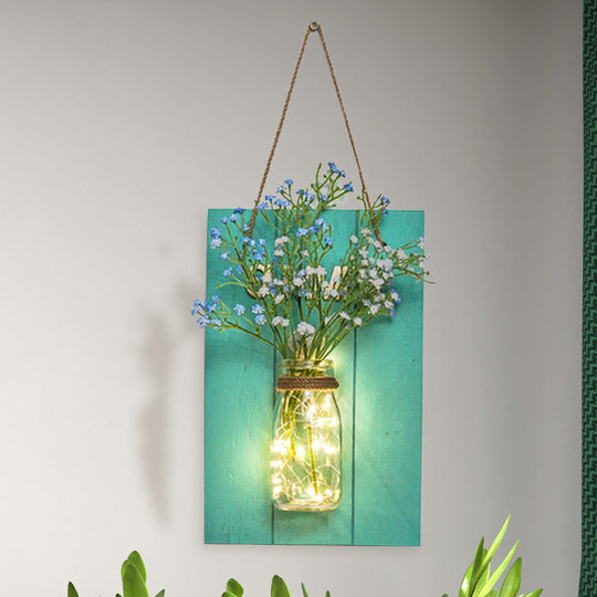 Clear Bottle Wall Sconce With Led And Rustic Teal Plant Decoration Aqua / Gypsophila